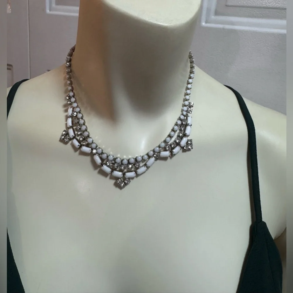 Vintage Milk Glass Rhinestone Bib Necklace Mid Century - Bridal, Formal, Prom